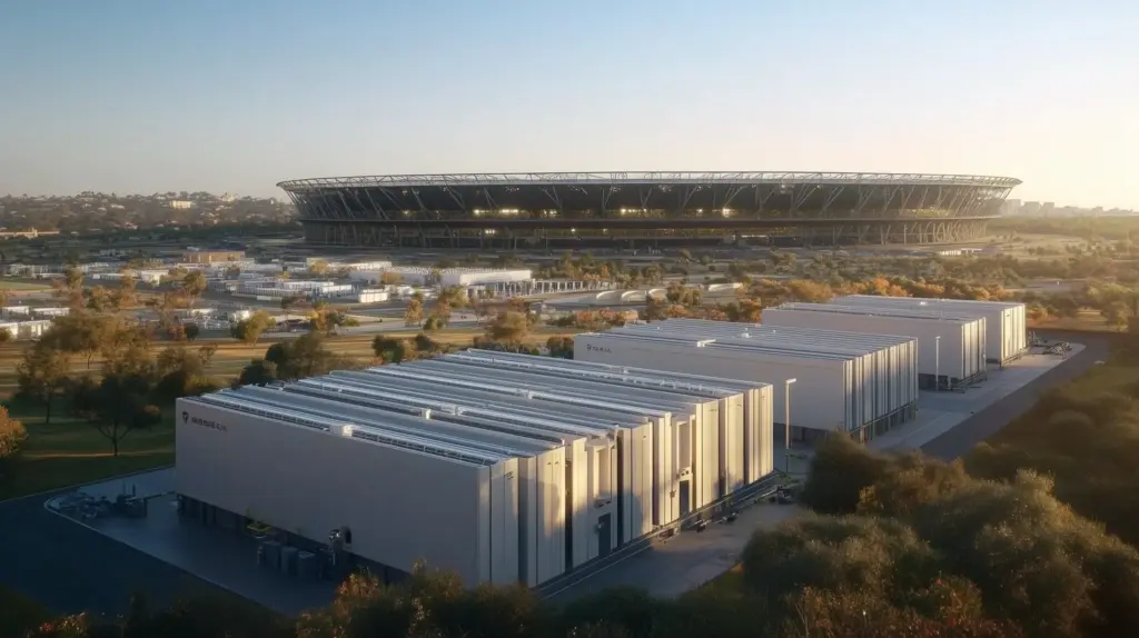 a large stadium with many white buildings