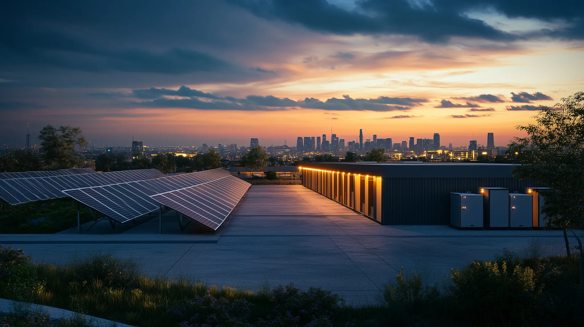 Technology 3 solar panels on a roof with a city in the background
